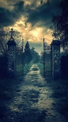 Obraz premium Mystical Cemetery Gates Under Dramatic Sky at Dusk