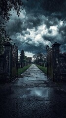 Dark and Stormy Cemetery Pathway Leading to Gothic Gates
