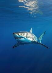 Obraz premium Un grand requin blanc, majestueux, nageant sous la surface de l'océan, chassant un proie, image avec espace pour texte.