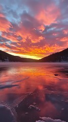 Stunning Sunset Over Frozen Lake with Vibrant Colorful Sky