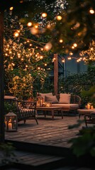 Cozy Outdoor Patio with String Lights and Elegant Greenery