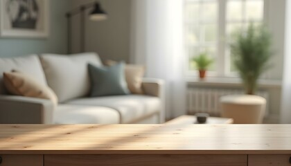 Fototapeta premium Mesa de madera vacía en sala de estar para exhibición de productos