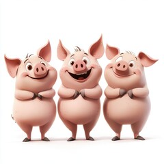 Naklejka premium Illustration of three cute cartoon pigs in a row, isolated against a white background. Ideal for storytelling, childhood, and humor.
