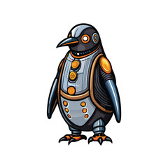 A futuristic, cartoon-style cybernetic penguin with a sleek, metallic body and glowing orange accents.
