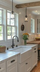 Charming Farmhouse Kitchen with Apron Sink, White Subway Tiles, and Shiplap Walls