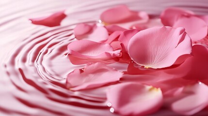 Fototapeta premium Soft pink rose petals float on the surface of calm water, creating a serene and romantic atmosphere. The gentle ripples add a touch of elegance to this delicate scene.