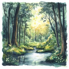 Obraz premium Nature reserve watercolor illustration of a protected lush landscape. Represents conservation, beauty, and harmony with the earth.