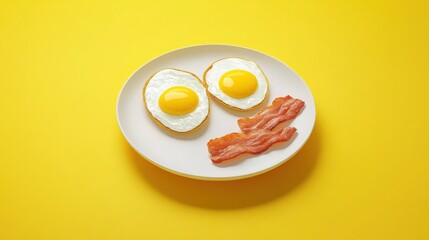 Sunny-side up eggs and crispy bacon on a white plate against a vibrant yellow background. A simple yet satisfying breakfast!