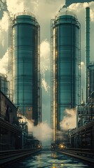 Naklejka premium Industrial Scene with Tall Storage Tanks and Steam Production