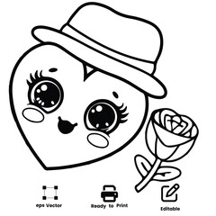 Charming Heart Character with Hat and Rose vector illustration Valentine Day Love coloring page activity book Print