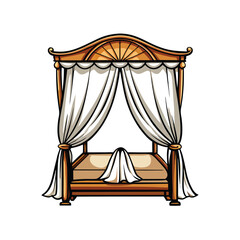 A cartoon style illustration of a detailed canopy bed with sheer curtains draped over it.