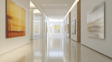 Modern Art Gallery Interior with Bright Paintings and Light Walls