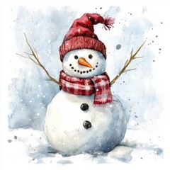 Snowman watercolor illustration of a cheerful figure surrounded by snow. Evokes winter joy, nostalgia, and holiday spirit.