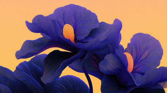 Luminous blue poppies with vibrant orange centers on an apricot backdrop. Ideal for backgrounds, prints, or textile designs showcasing floral beauty and vibrant color.