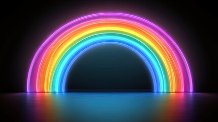 A vibrant neon rainbow arch glows against a dark backdrop. Ideal for lively backgrounds, party invitations, or music-themed visuals.