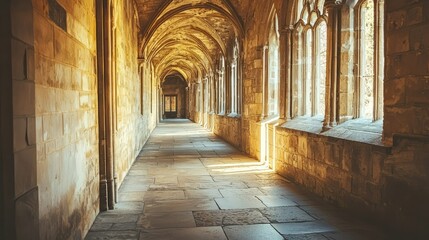 Fototapeta premium Serene Historic Corridor with Arched Ceilings and Natural Light