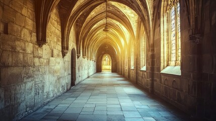 Fototapeta premium Serene Gothic Corridor with Dramatic Light and Stone Archways