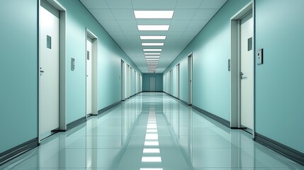Long Perspective View of Empty Corridor with Bright Blue Walls