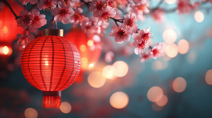 Obraz premium Chinese lunar new year background with cherry blossoms and red lanterns. Copy space.