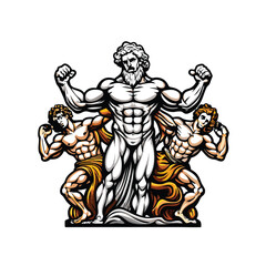 Create a detailed vector illustration of the Laocoön and His Sons, showcasing their muscular physique and the dramatic struggle with serpents.