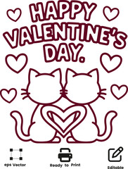Romantic Cat Couple Coloring Page activity book with Heart Motifs Vector Design Valentine Day Love gift design
