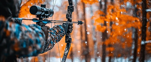 Archer aiming compound bow with scope in snowy autumn forest.
