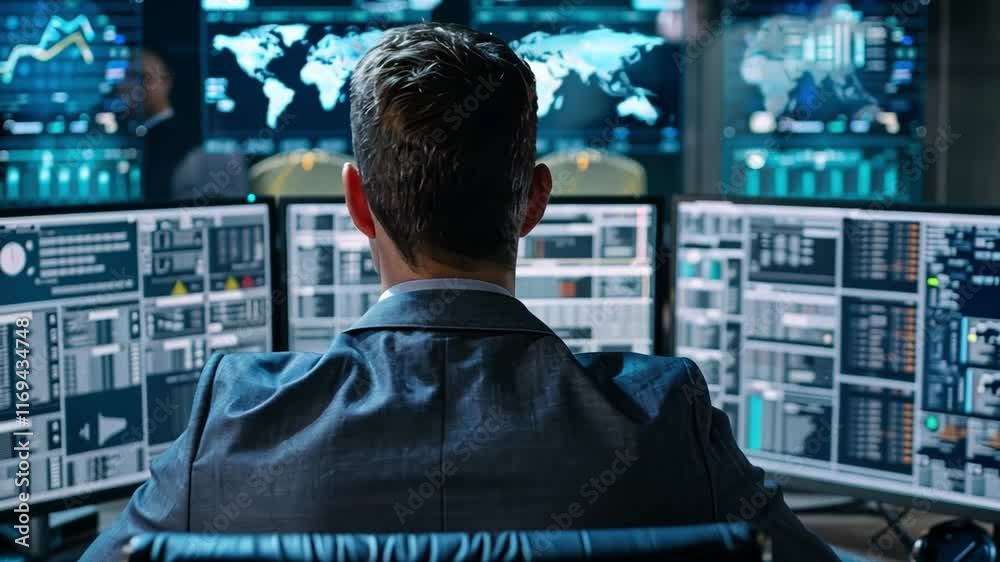 Poster In a high-tech control room, an expert analyzes complex data metrics displayed on multiple screens. Visualizations and graphs illuminate the environment as focus intensifies.
