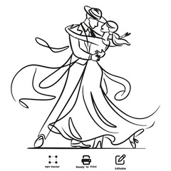Ballroom Dancing Couple wearing hat Elegant Line Art vector design Valentine Day coloring page activity book
