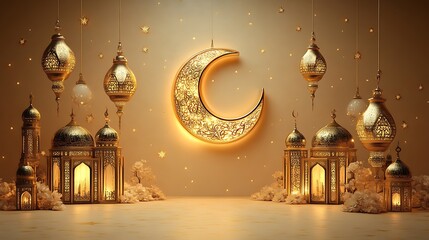 Obraz premium Golden Ramadan Lanterns and Crescent Moon Scene