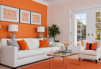 A living room sofa is positioned against an orange wall, with a white classic door in background