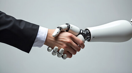 Symbolic handshake between human and robot with mechanical precision showcasing innovation and collaborative future vision