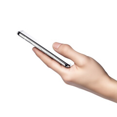 Naklejka premium A hand holding a new smartphone, isolated on a white