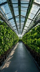 Lush Greenhouse Interior with Vibrant Plants and Sunlight