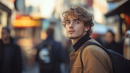 Fototapeta premium Young Man with Curly Hair in City Street During Golden Hour