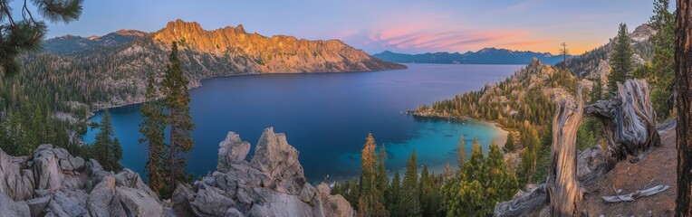 Obraz premium The landscape reveals a breathtaking view of Crater Lake, reflecting early morning colors in the clear water, surrounded by lush conifer trees and rocky terrain, capturing nature's tranquility