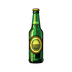 A detailed vector illustration of a green beer bottle with a gold label and a cap.