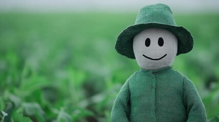 Green Scarecrow With Hat in Lush Field Background for Agriculture Experimentation