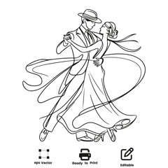 Ballroom Dancing Couple wearing hat Elegant Line Art vector design Valentine Day coloring page activity book