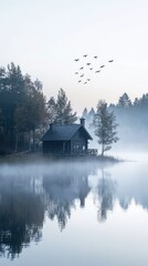 Fototapeta premium Serene Misty Morning by Lake with Cabin and Flying Birds