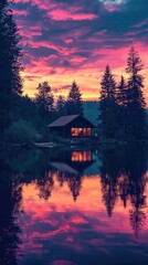 Fototapeta premium Serene Cabin Sunset Reflected in Tranquil Lake and Colorful Sky