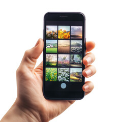 A hand holding a smartphone displaying an image gallery, isolated on a white