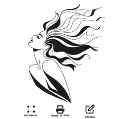 Graceful Woman Stylish artistic lady Silhouette with Flowing hair Vector  art logo illustration