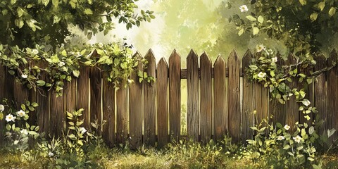 Obraz premium Wooden Fence Adorned With Blooming White Flowers And Lush Greenery