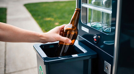Placing empty glass bottle into a reverse vending machine. Deposit return system for glass bottles. Sustainable waste management, recycling glass