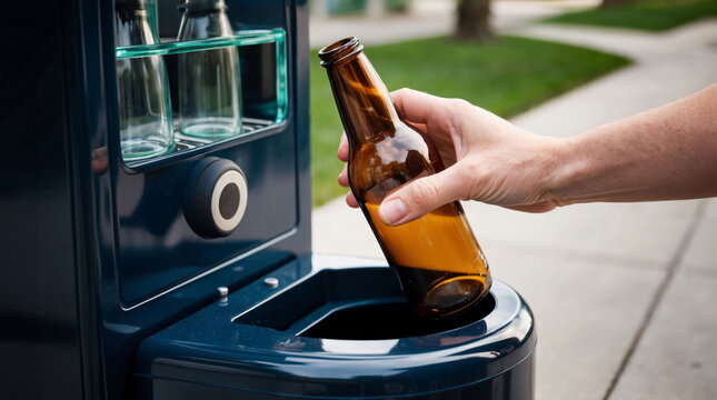 Placing empty glass bottle into a reverse vending machine. Deposit return system for glass bottles. Sustainable waste management, recycling glass