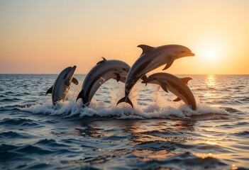 Obraz premium A playful group of dolphins jumping out of the ocean at sunset