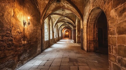 Obraz premium Serene Stone Archway Hallway with Soft Warm Lighting and Shadows