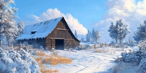 A Rustic Wooden Barn in a Snowy Winter Landscape
