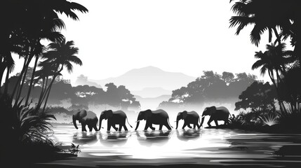 Elephants walking in a tranquil tropical river, surrounded by lush palm trees and misty mountains.