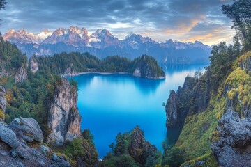 A breathtaking view of a serene blue lake nestled among towering mountains, dense forests, and...